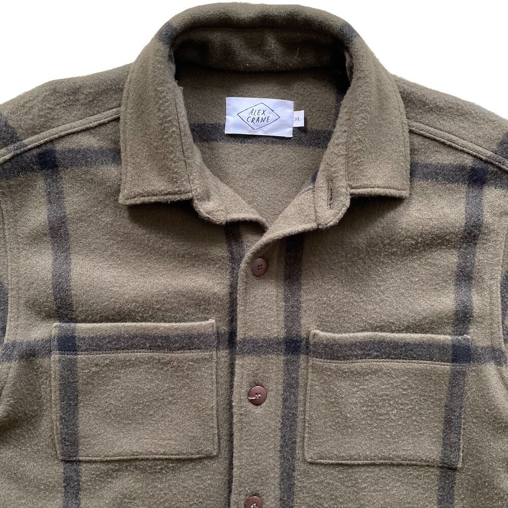 Alex Crane Park Shirt Jacket Wool XL Olive Green Plaid Tank Overshirt Shacket